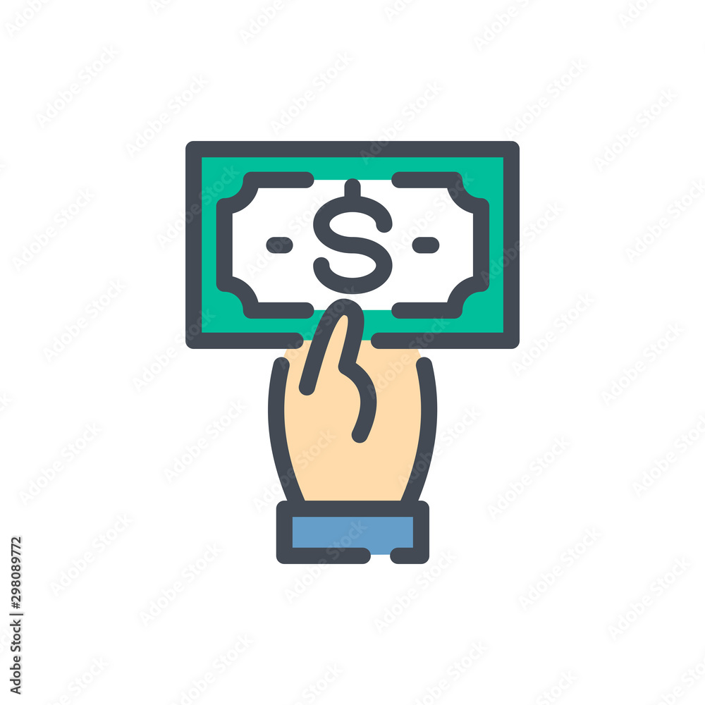 Hand holding a dollar money note color line icon. Donation, payment and charity vector outline colorful sign. Hand holding a dollar money note color line icon. Donation, payment and charity vector outline colorful sign.