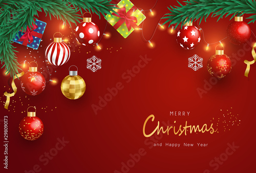 Merry Christmas and Happy New Year on Red background. Christmas Background With Typography and Elements.