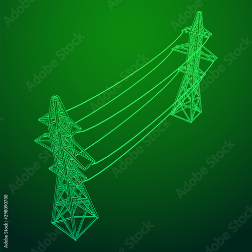 Power transmission tower high voltage pylon. Wireframe low poly mesh vector illustration
