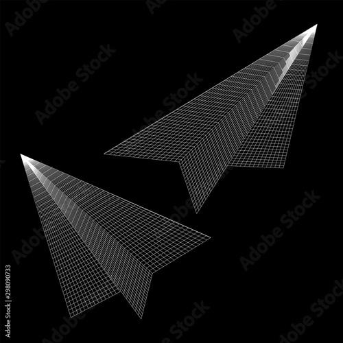 Paper plane flying. Abstract image of a aircraft origami. Wireframe low poly mesh vector illustration