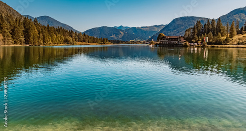 Fototapeta Naklejka Na Ścianę i Meble -  Beautiful alpine view with reflections in the famous piller lake at Saint Ulrich, Tyrol, Austria