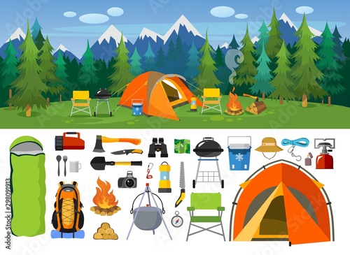 Fotografia Camping supplies, tools and equipment banners set vector illustration