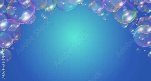 Festive soap bubbles frame festive design vector illustration. Template with soap balls with glares, highlights and gradient on blue background. Place for text