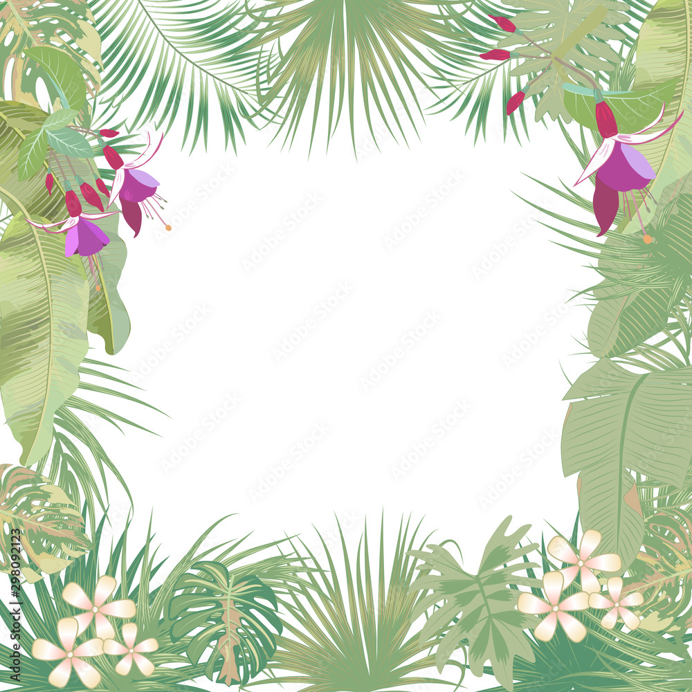 Vector tropical jungle banner, frame with palm trees, flowers and leaves on white background