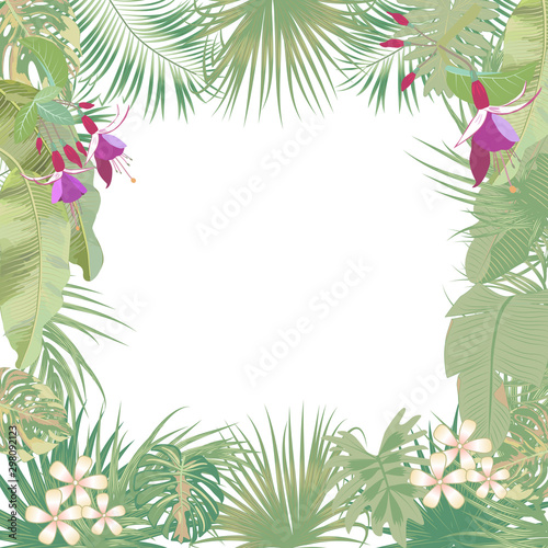 Vector tropical jungle banner  frame with palm trees  flowers and leaves on white background