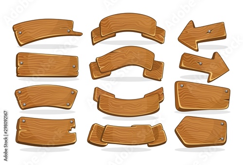 Cartoon wooden signboards of various shapes set vector illustration. Collection consists of empty rustic wood sign board and arrows for message. Isolated on white background