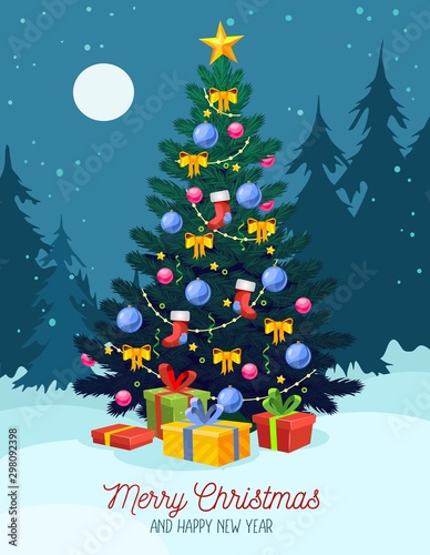 Christmas festive greeting card with xmas tree vector illustration. Green pine decorated star, balls, lights and present boxes on snowy night forest background. Winter holidays celebration design