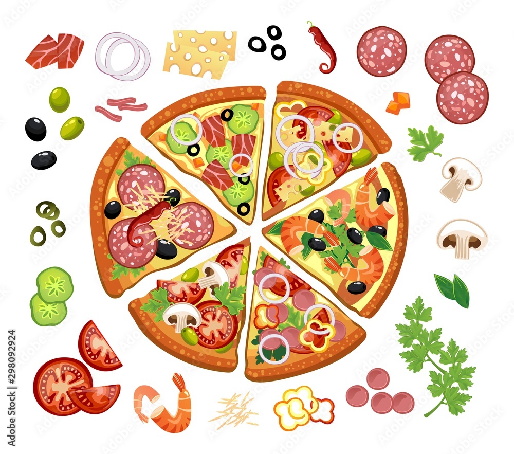 Pizza constructor with different ingredients vector illustration. Slice of fast food with vegetables and meat on bun. Pizzeria dish with cheese, ketchup and olive symbols Pizza constructor with different ingredients vector illustration. Slice of fast food with vegetables and meat on bun. Pizzeria dish with cheese, ketchup and olive symbols