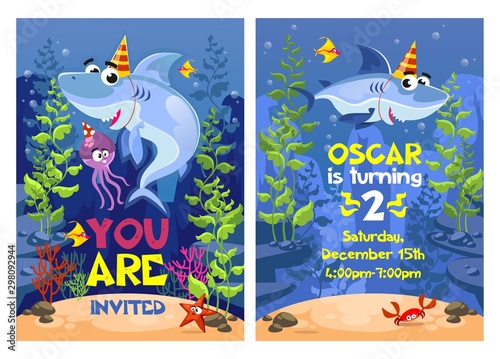 Shark party invitation with starfish, crab and devilfish vector illustration. Poster you are invited with underwater animals near aqua plants. Postcard oscar in turning with ocean characters
