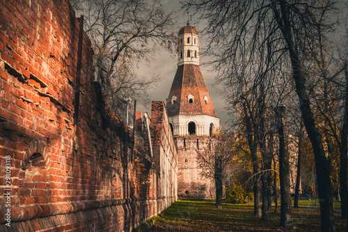 Half ruined brick wall and Solevaya tower of Simonov Monastery, Zamoskvorechye District, Moscow, Russia photo