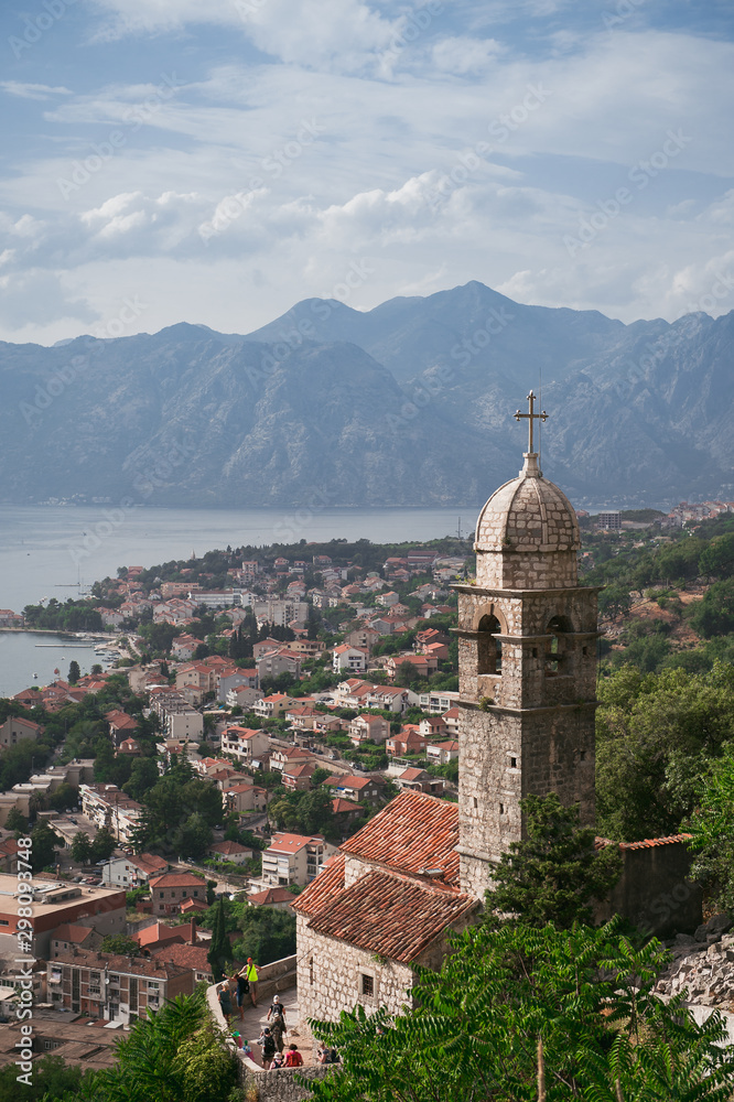 A view to the city of Kotor and a church from above