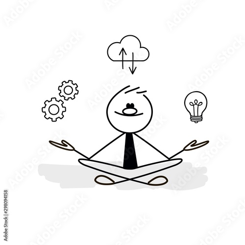 Doodle stick figure:  Business concept. Businessman relaxing and meditating in lotus pose.