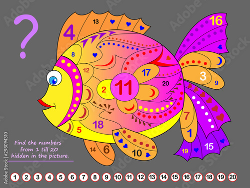 Logical puzzle game for kids. Math exercise for little children. Find hidden numbers from 1 till 20. Developing counting skills. IQ training test. Printable worksheet for textbook. Back to school.