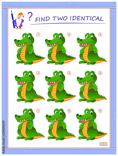 Logical puzzle game for little children. Need to find two identical crocodiles. Educational page for kids. IQ training test. Printable worksheet for textbook. Back to school. Vector cartoon image.