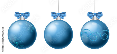 Set of blue christmas baubles with ribbon and holiday ornament drawings. Vector