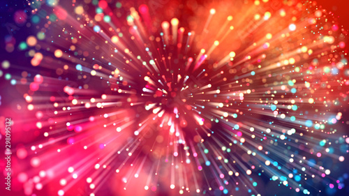 Abstract explosion of multicolored shiny particles or light rays like laser show. 3d render abstract beautiful background with light rays colorful glowing particles, depth of field, bokeh.