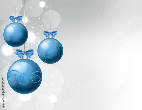 Blue baubles with ribbon and christmas ornaments drawings. White background with bokeh. Christmas vector