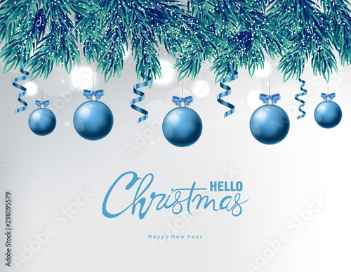 Blue baubles with ribbon and christmas ornaments drawings. Pine tree colorful...