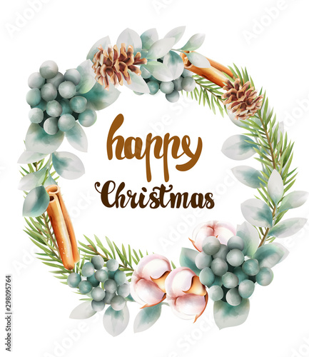 Happy Christmas pine tree leaves wreath with flowers, conifer cone, cotton an...
