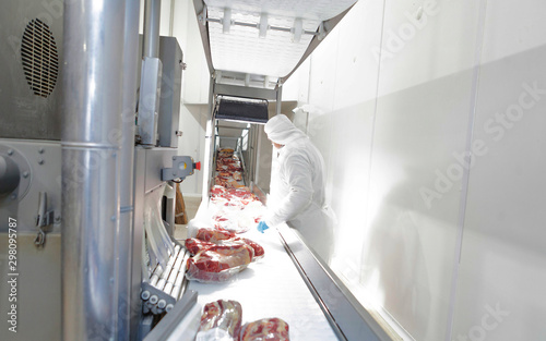 Buenos Aires, southern city of Mar del Plata, Argentina - MAY 07, 2015: Side view of butchers in white uniform working at conveyor belt packing meat on factory photo