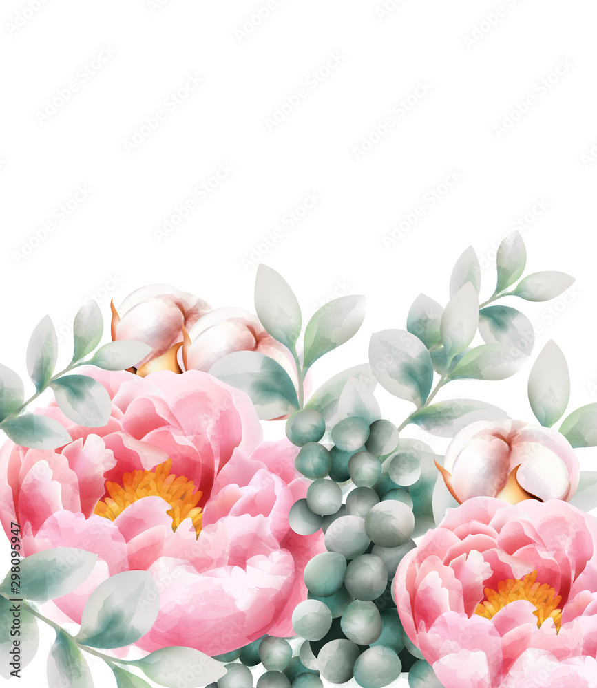 Watercolor greeting card with cotton, peony flowers, leaves and berries. Vector