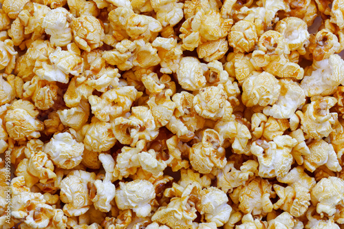 Closeup snack caramel popcorn texture background