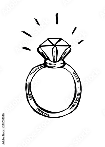 A ring with a diamond. Black and white contour doodle illustration isolated. EPS 10 vector