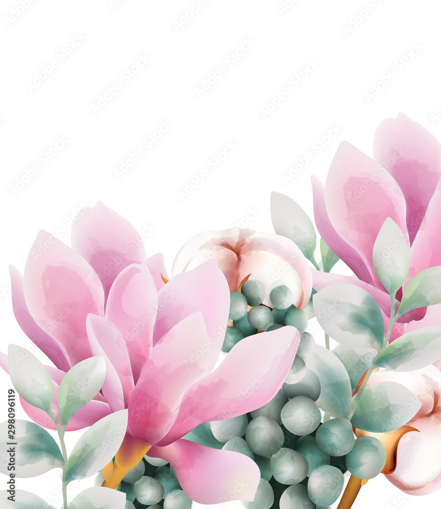 Watercolor greeting card with rose magnolia and cotton flowers. Berries and green leaves. Vector