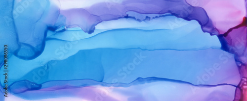 Art Abstract blue paint blots background. Alcohol ink colors. Marble texture. Horizontal long banner..