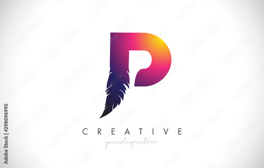 Fototapeta premium P Feather Letter Logo Icon Design With Feather Feathers Creative Look Vector Illustration