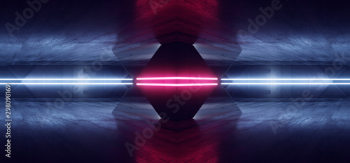 Fototapeta Naklejka Na Ścianę i Meble -  Neon Neon Led Laser Blue Purple  Glowing Light Lines Underground Tunnel Corridor Garage Dark Empty Sci Fi Futuristic Alien Spaceship Concrete Grunge 3D Rendering