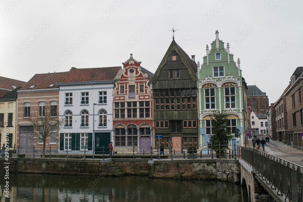 Old fashioned houses of Haverwerf on the Dijle River in Mechelen, Belgium