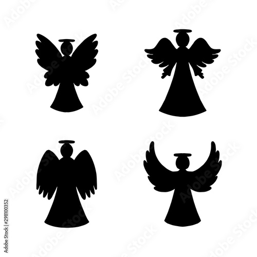 Vector set of four black angels silhouette on white background. Silhouette for New year, Christmas