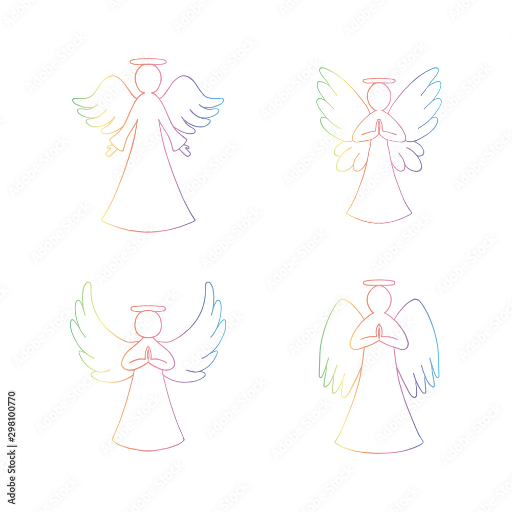 Vector set of four rainbow angels outline on white background. Religion decorative elements for New year, Christmas card Vector set of four rainbow angels outline on white background. Religion decorative elements for New year, Christmas card