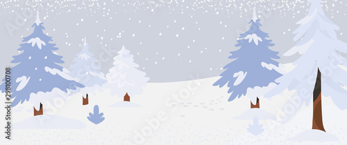 Vector illustration of a winter landscape with a fir-tree forest covered with snow. Snowy scenery that can be used as a banner, flyer, poster or landing page background.