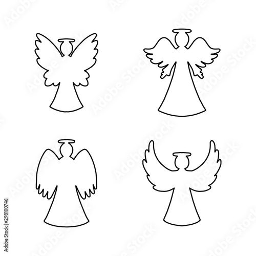 Vector set of four line art angels on white background. Religion decorative  symbols for New year, Christmas card