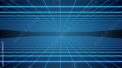 Flying in a retro 80s style tunnel with blue neon nets and lines.