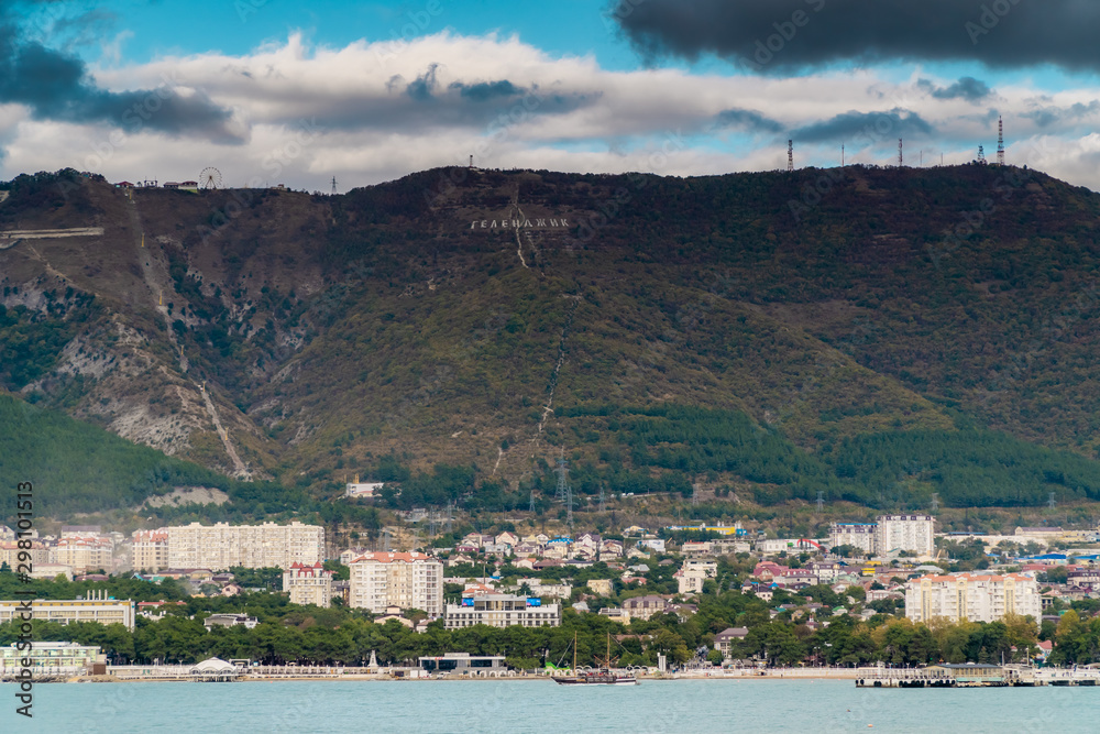 View of the southern resort town of Gelendzhik against the mountains.