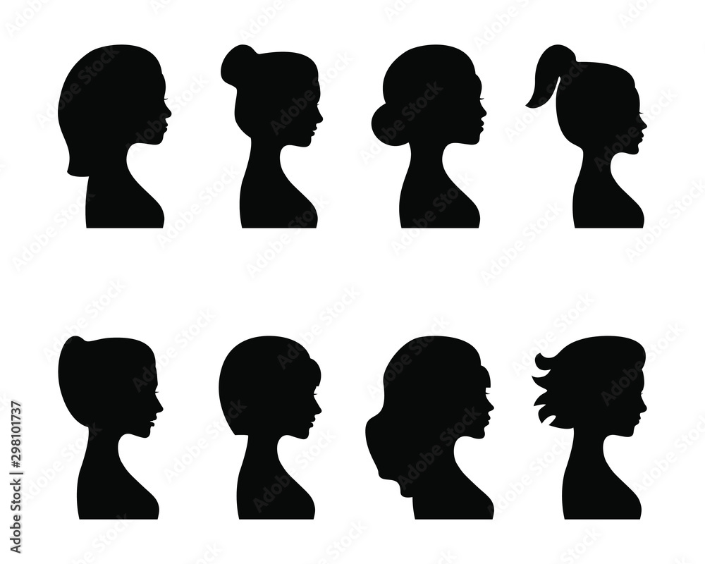 Female profile silhouettes, different variants. Vector. Female profile silhouettes, different variants. Vector.