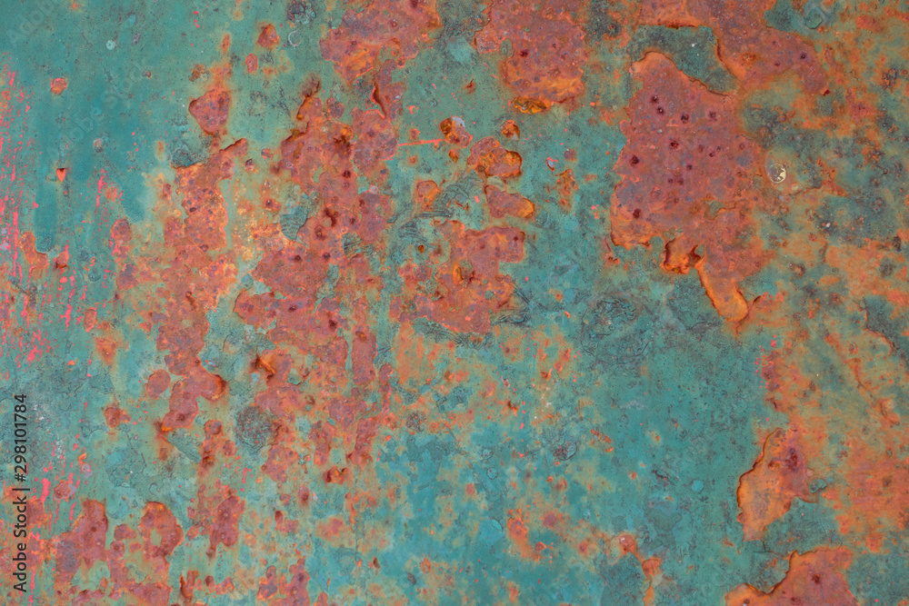 Peeling paint on the rust wall. Empty for design, pattern, cover, overlay texture, background and other, Surface of old steel background.