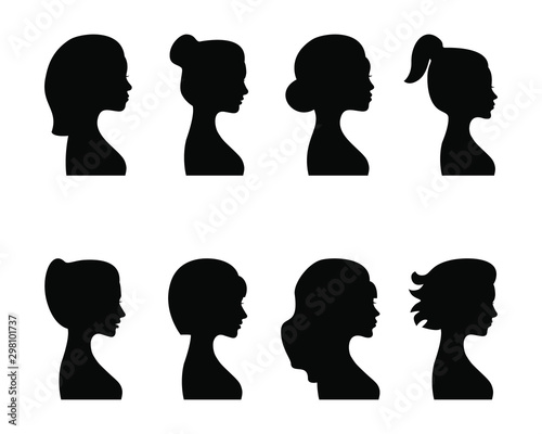 Female profile silhouettes, different variants. Vector.