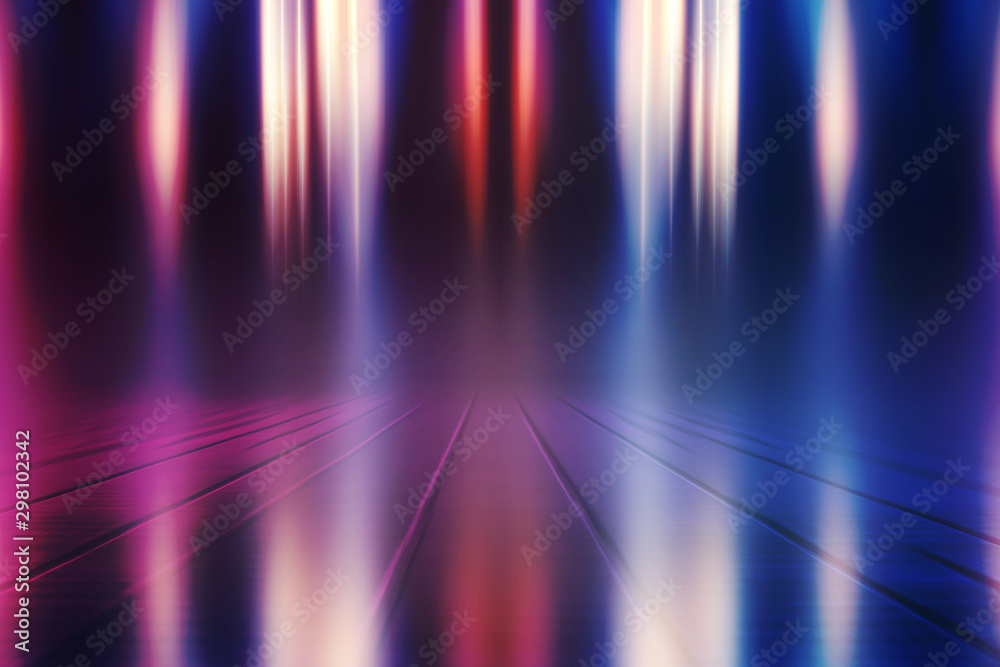 Empty background scene. Dark street reflection on wet asphalt. Rays of neon light in the dark, neon shapes, smoke. Background of an empty stage show. Abstract dark background. Empty background scene. Dark street reflection on wet asphalt. Rays of neon light in the dark, neon shapes, smoke. Background of an empty stage show. Abstract dark background.