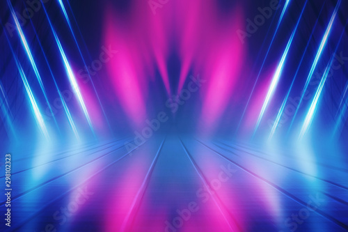 Empty background scene. Dark street reflection on wet asphalt. Rays of neon light in the dark  neon shapes  smoke. Background of an empty stage show. Abstract dark background.