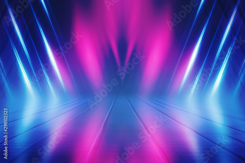 Empty background scene. Dark street reflection on wet asphalt. Rays of neon light in the dark, neon shapes, smoke. Background of an empty stage show. Abstract dark background.