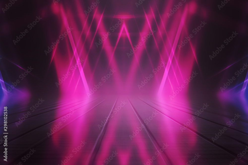 Empty background scene. Dark street reflection on wet asphalt. Rays of neon light in the dark, neon shapes, smoke. Background of an empty stage show. Abstract dark background. Empty background scene. Dark street reflection on wet asphalt. Rays of neon light in the dark, neon shapes, smoke. Background of an empty stage show. Abstract dark background.