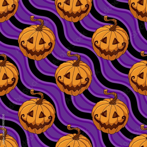 Halloween vector illustration seamless pattern for flyer pumpkins on violet