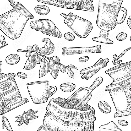 Seamless pattern coffee. Vector vintage monochrome engraving