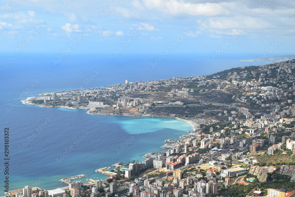 View of Jounieh and Mediterranean sea, Harissa, Lebanon