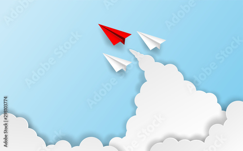 Business  leadership ,financial concept. Red paper plane leadership  to sky go to success goal. paper art style. creative idea. vector illustration.