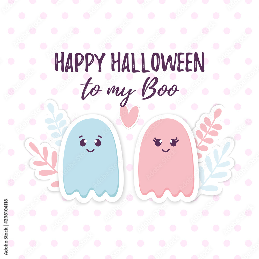 Cute Ghosts couple in love. Happy Halloween to my BOO message. Little Spirit Boy and Girl on polca dot cover. Nursery wallpaper, kids background, sticker. Smiling Cartoon character. Vector Print